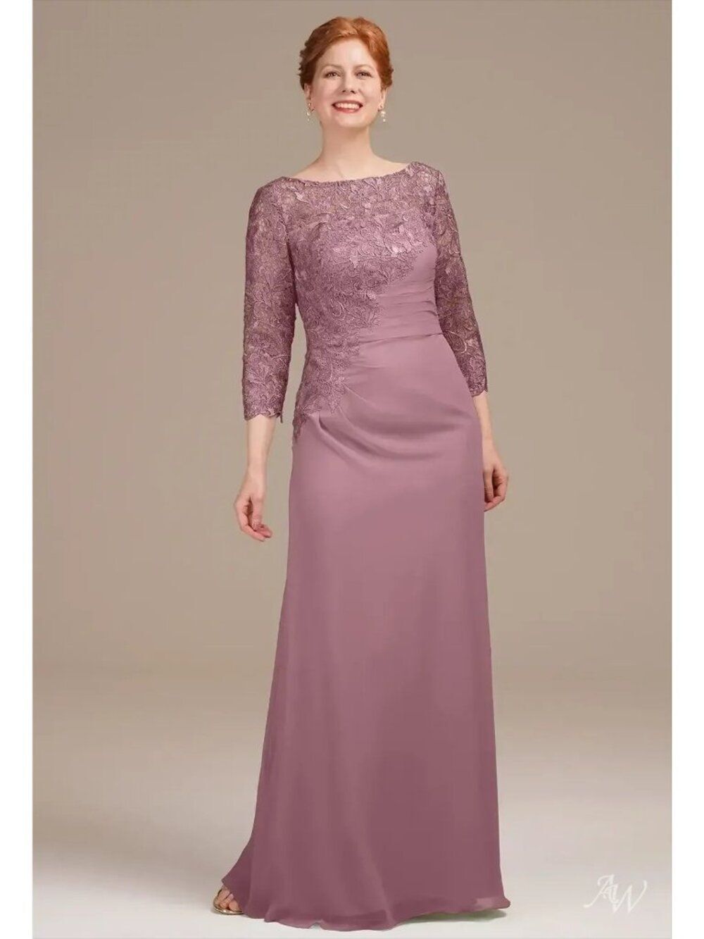 AW Bridal Zephyr Women Mauve Mist Lace Chiffon Mother of the Bridal Dress Size 8